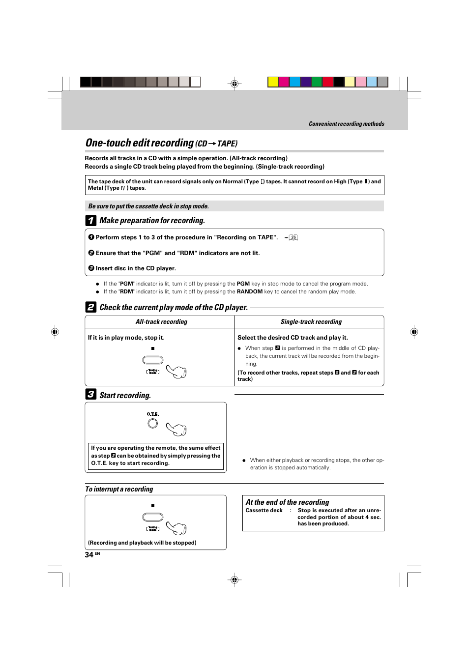 One-touch edit recording, Make preparation for recording, Check the current play mode of the cd player | Start recording, Tape) | Kenwood HM-535 User Manual | Page 34 / 48