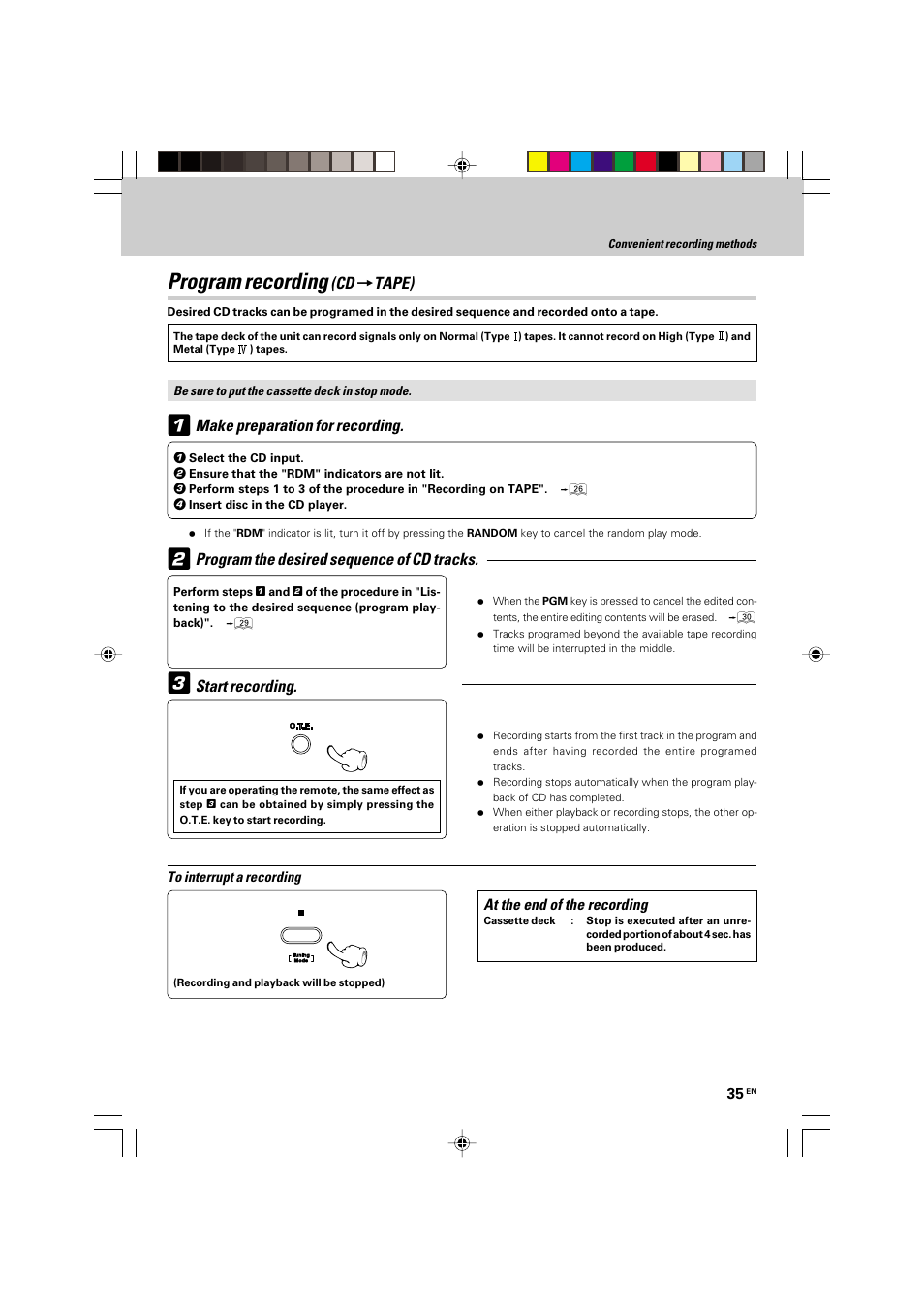 Program recording, Make preparation for recording, Tape) program the desired sequence of cd tracks | Start recording | Kenwood HM-535 User Manual | Page 35 / 48