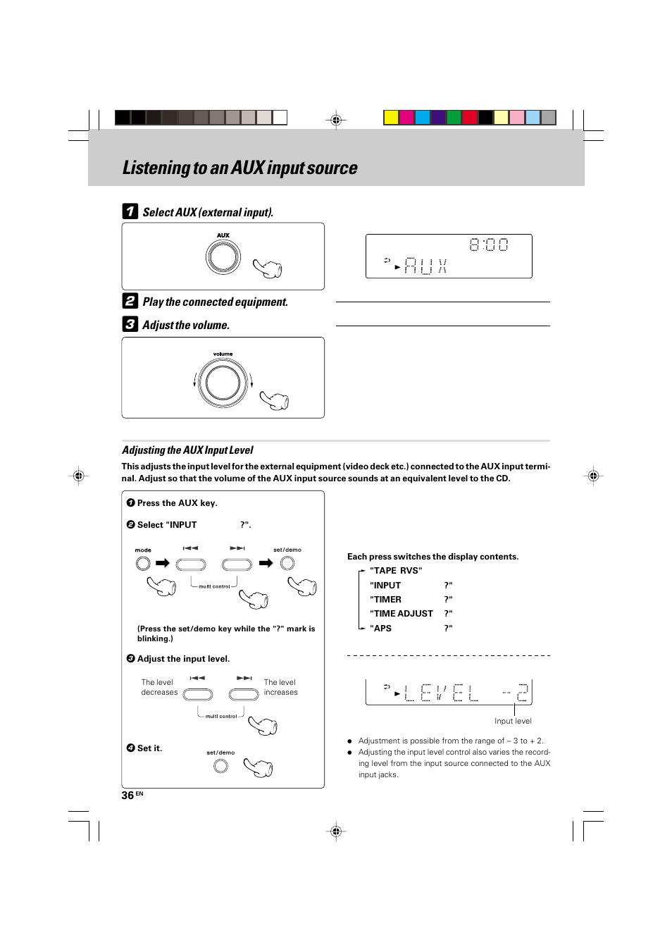 Listening to an aux input source | Kenwood HM-535 User Manual | Page 36 / 48