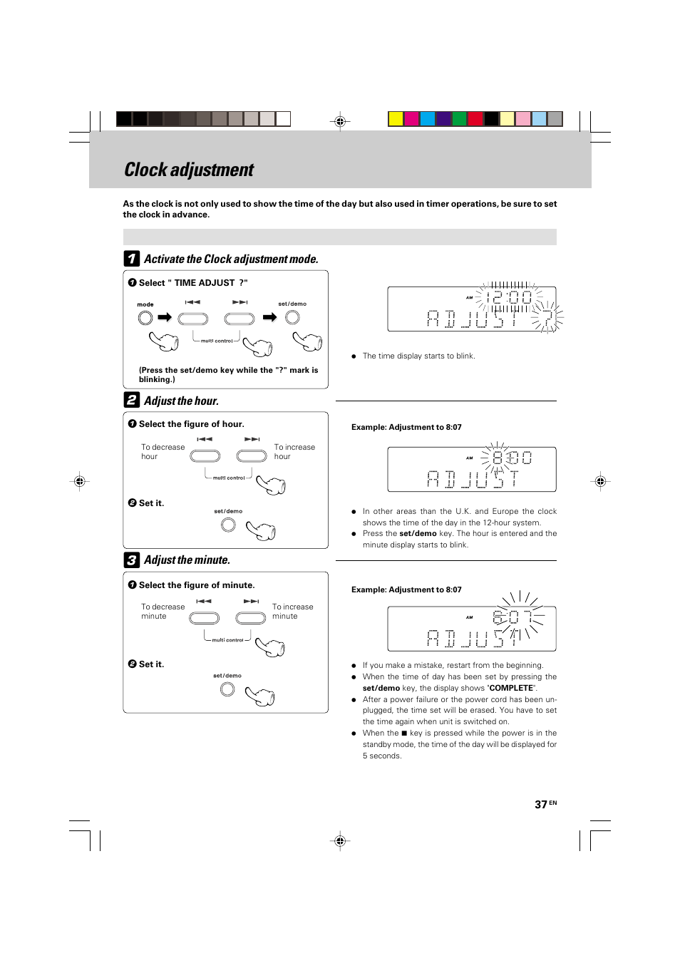 Clock adjustment | Kenwood HM-535 User Manual | Page 37 / 48