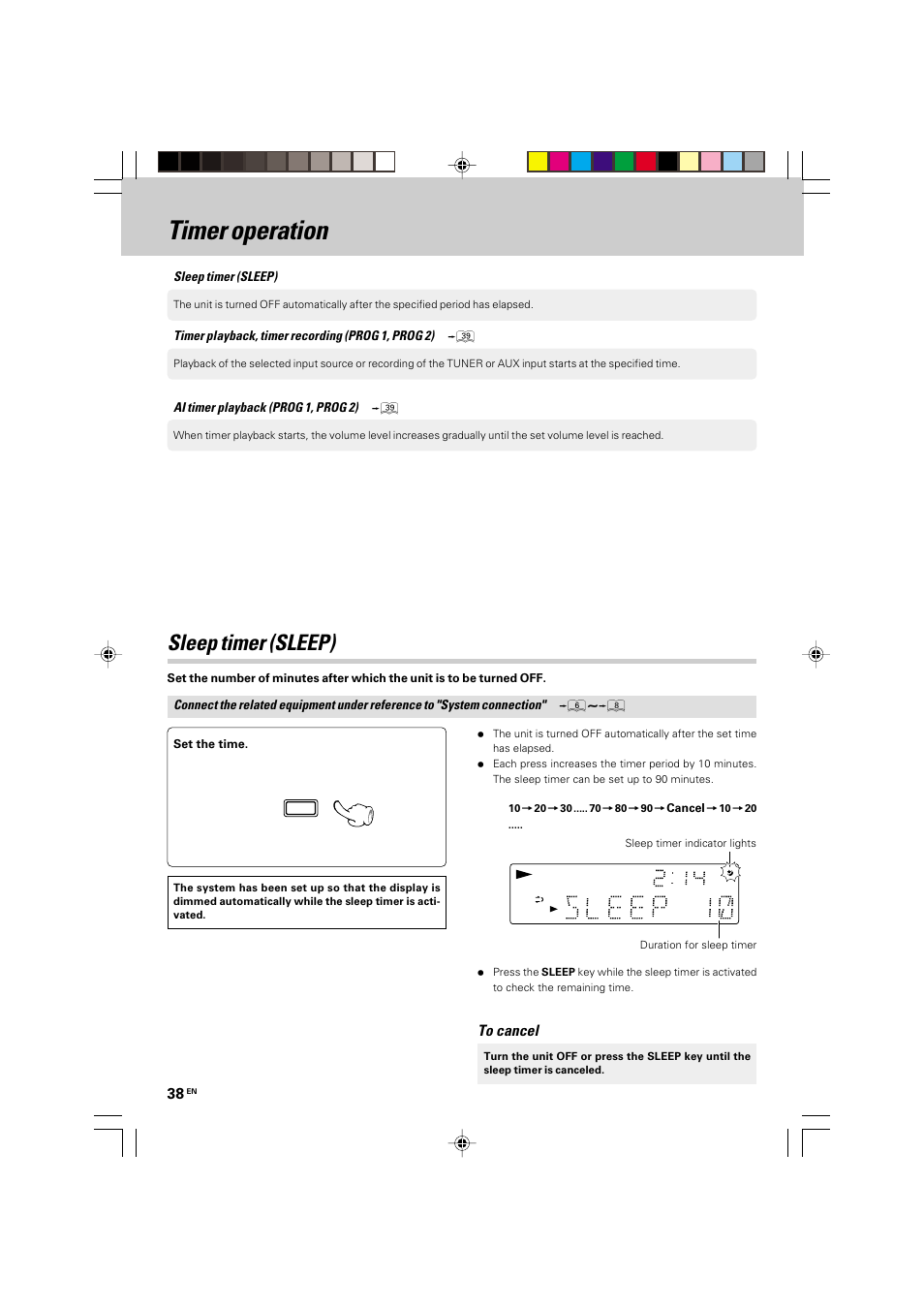 Timer operation, Sleep timer (sleep) | Kenwood HM-535 User Manual | Page 38 / 48