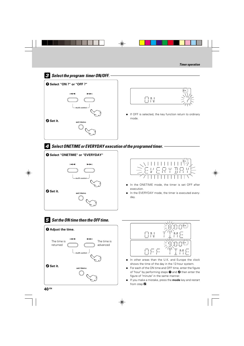 Select the program timer on/off, Set the on time then the off time | Kenwood HM-535 User Manual | Page 40 / 48