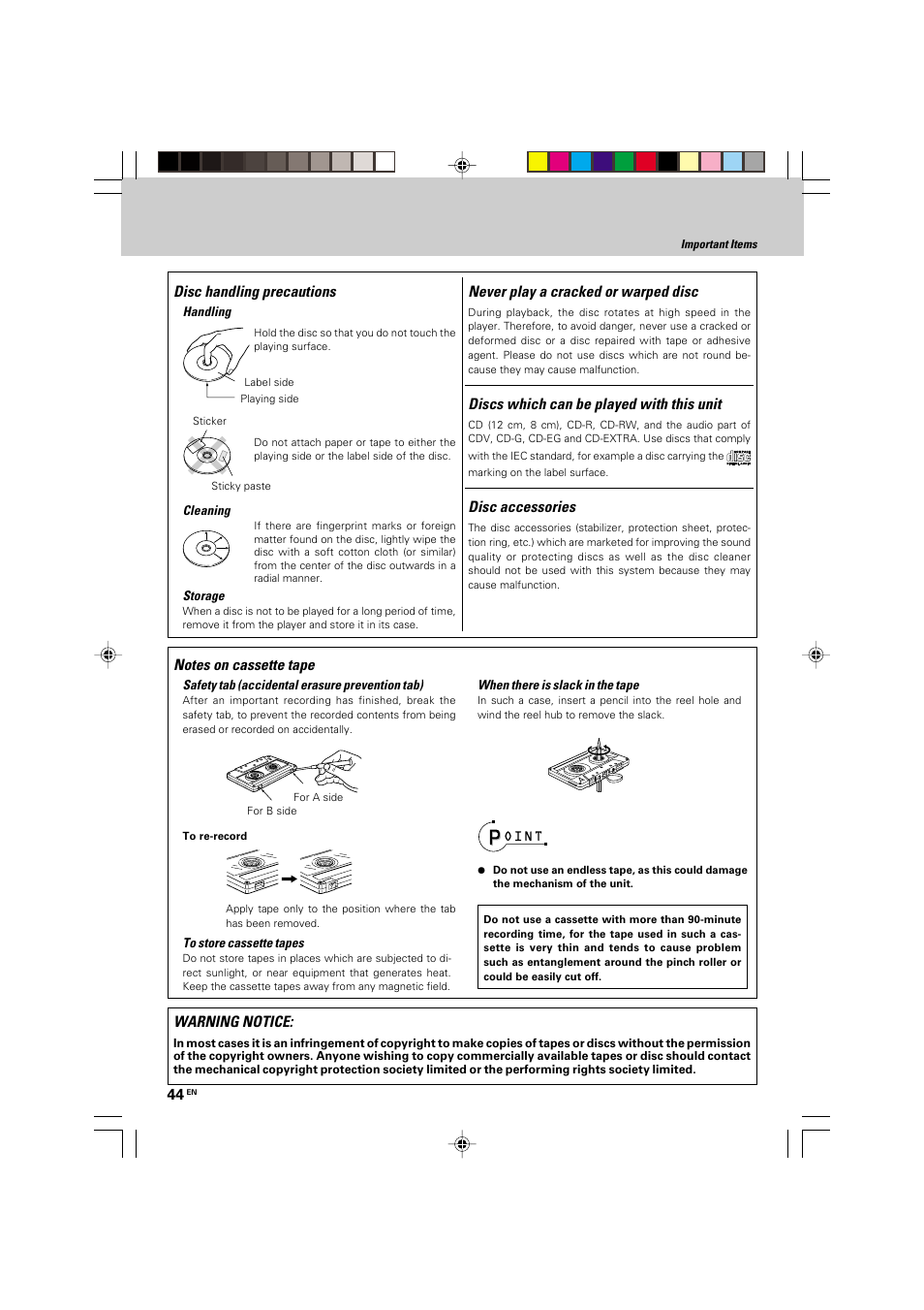 Disc handling precautions, Warning notice, Discs which can be played with this unit | Never play a cracked or warped disc, Disc accessories | Kenwood HM-535 User Manual | Page 44 / 48