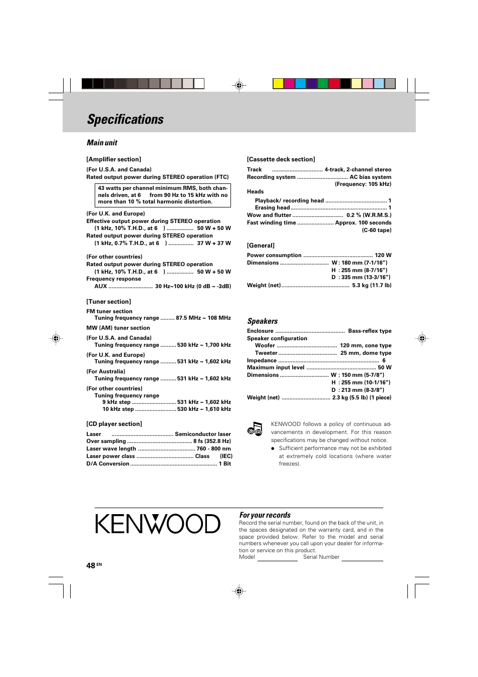 Specifications, Main unit, Speakers for your records | Kenwood HM-535 User Manual | Page 48 / 48