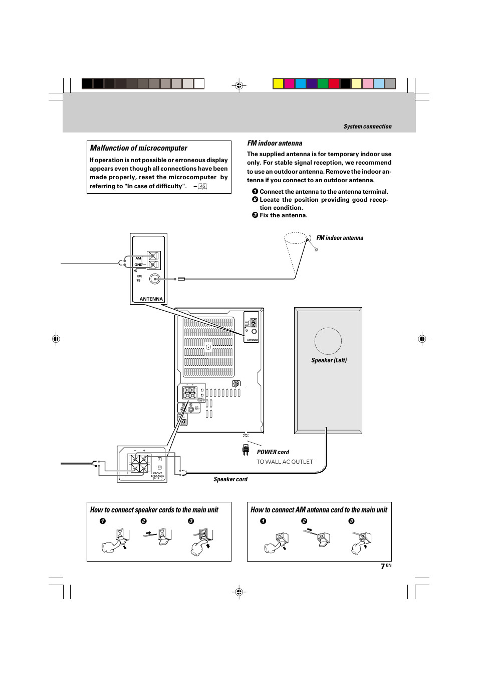 How to connect am antenna cord to the main unit, Fm indoor antenna, System connection | Connect the antenna to the antenna terminal, Fix the antenna | Kenwood HM-535 User Manual | Page 7 / 48