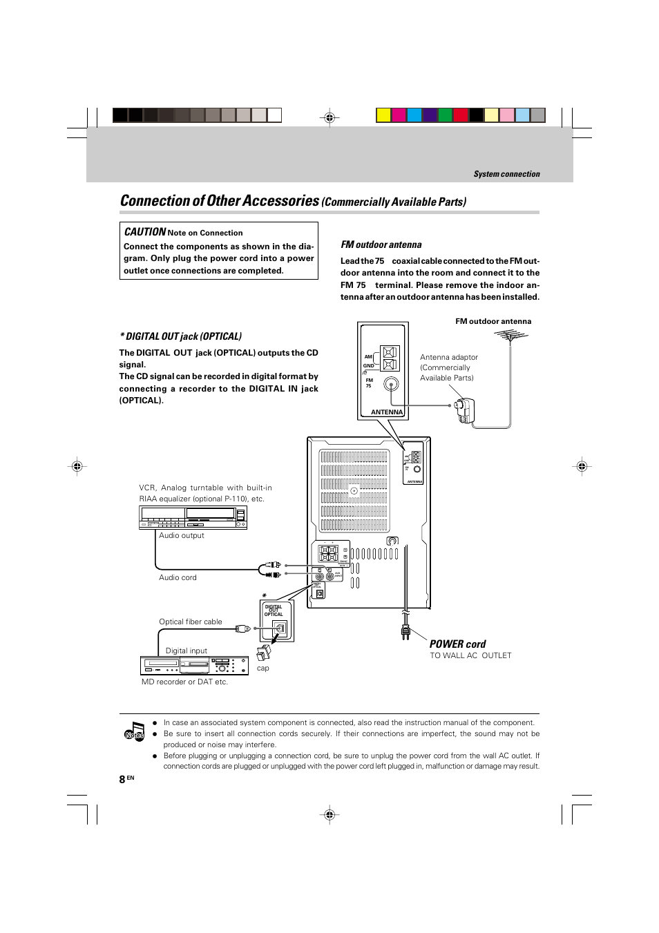 Connection of other accessories, Commercially available parts), Caution | Power cord, Fm outdoor antenna, Digital out jack (optical) | Kenwood HM-535 User Manual | Page 8 / 48