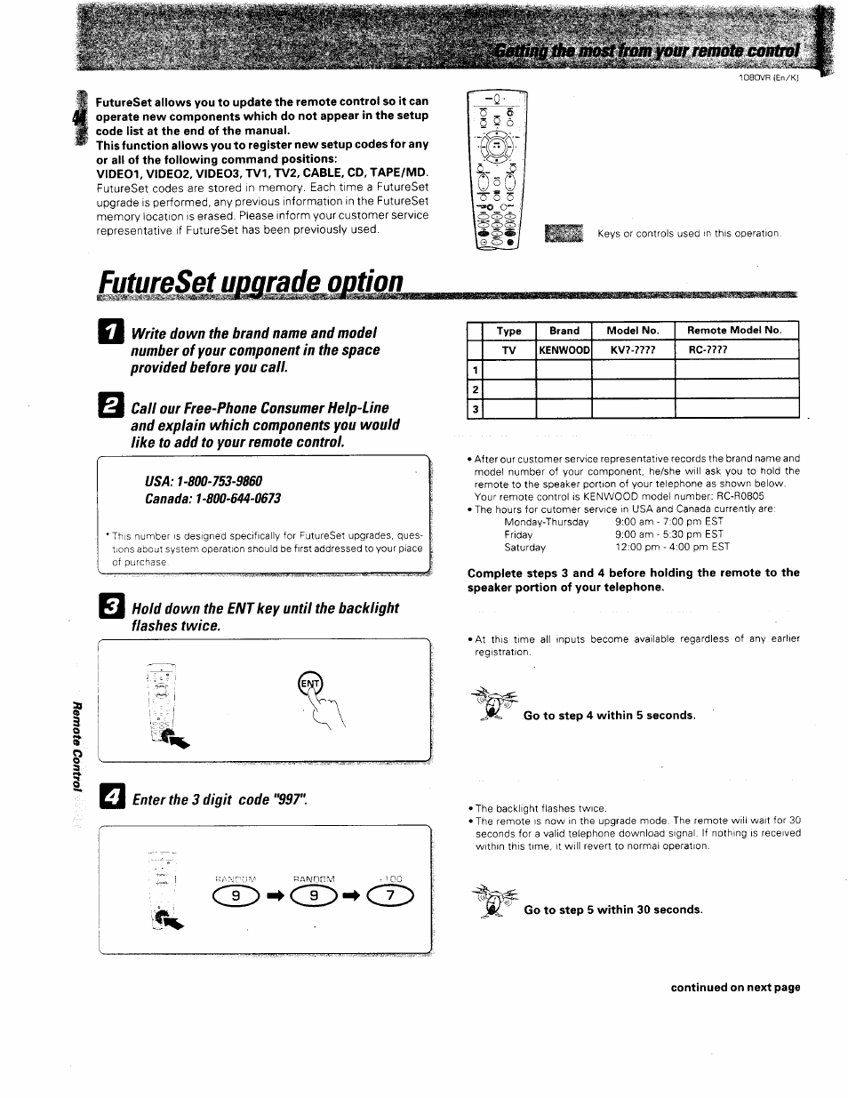 Tíie most fmm your remote control, Usa: 1-800-753-9860 canada: 1-800-644-0673, Futureset upgrade option | Kenwood 1080VR User Manual | Page 37 / 67