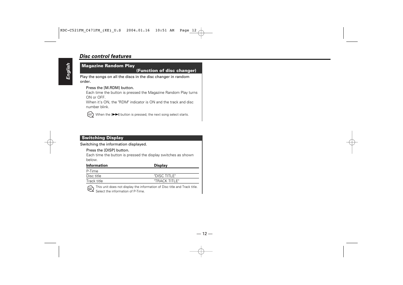 Magazine random play, Switching display | Kenwood C471FM User Manual | Page 12 / 76