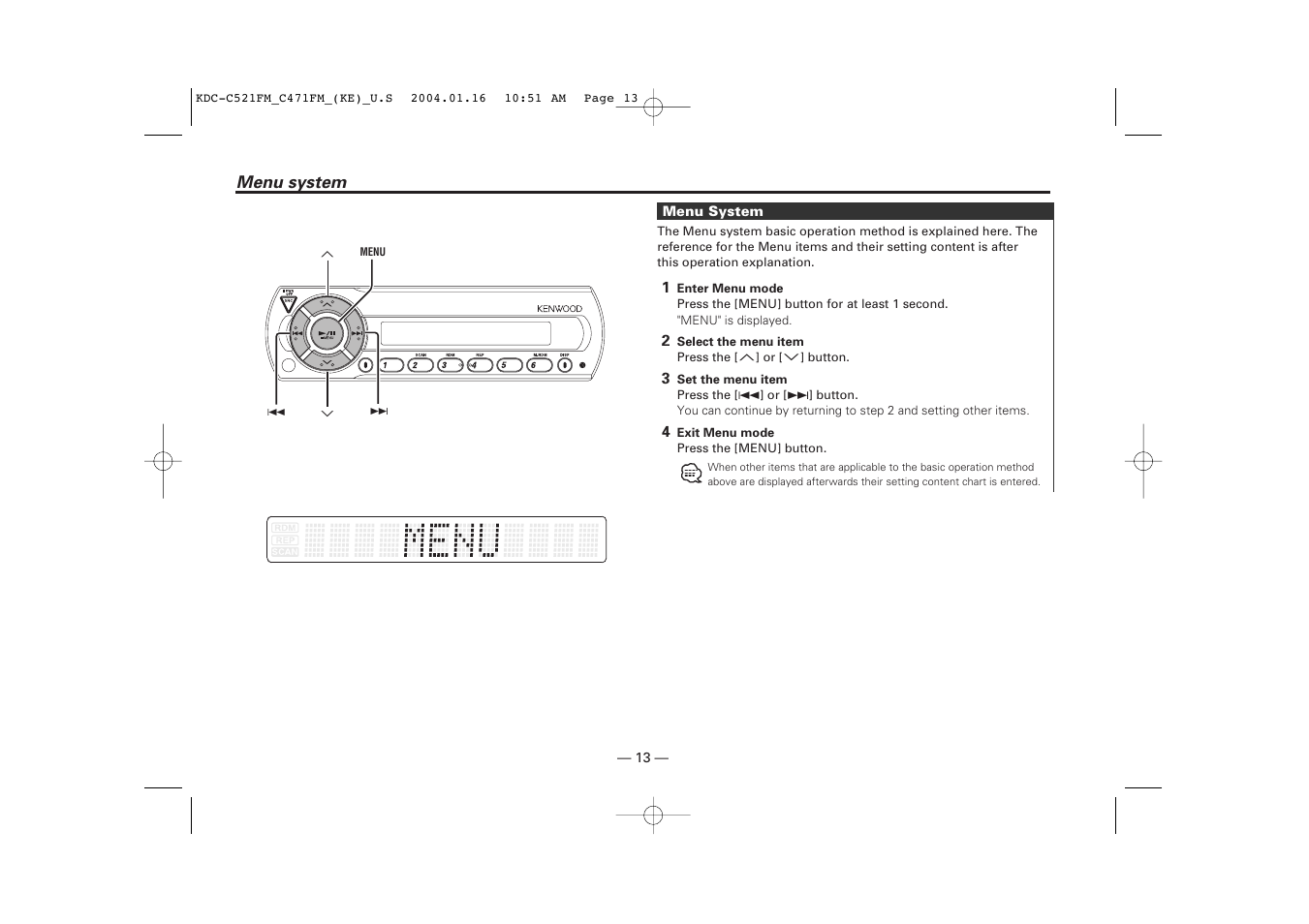 Menu system | Kenwood C471FM User Manual | Page 13 / 76