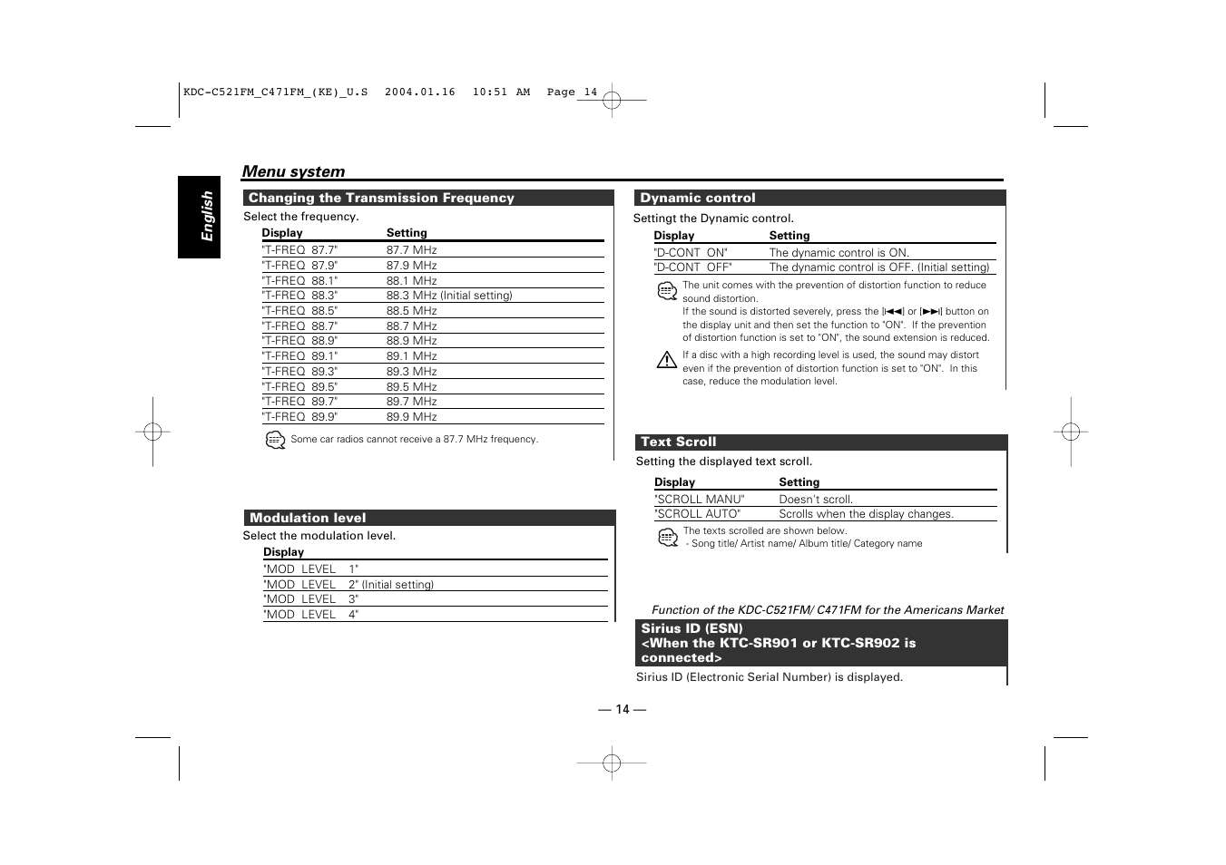 Changing the transmission frequency, Modulation level, Dynamic control | Text scroll, Sirius id (esn) | Kenwood C471FM User Manual | Page 14 / 76