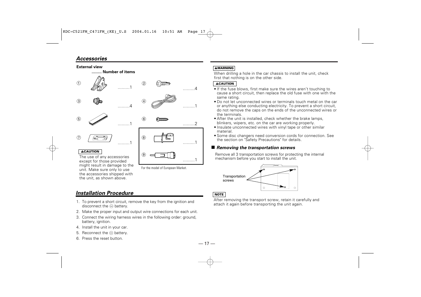 Installation, Accessories, Installation procedure | Kenwood C471FM User Manual | Page 17 / 76