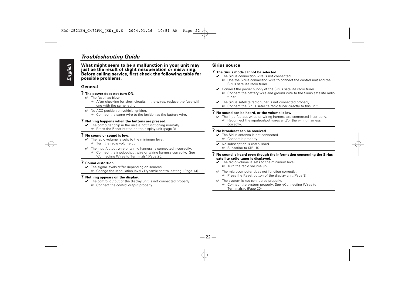 Troubleshooting guide | Kenwood C471FM User Manual | Page 22 / 76