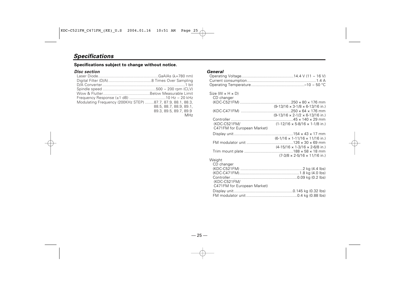 Specifications | Kenwood C471FM User Manual | Page 25 / 76