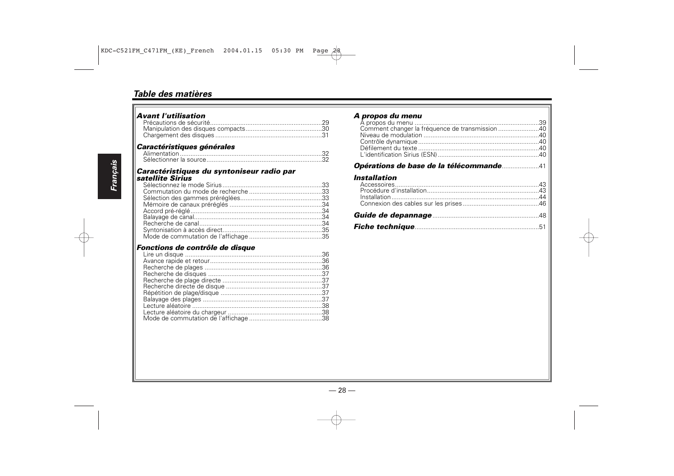 Francais, Table des matieres | Kenwood C471FM User Manual | Page 28 / 76