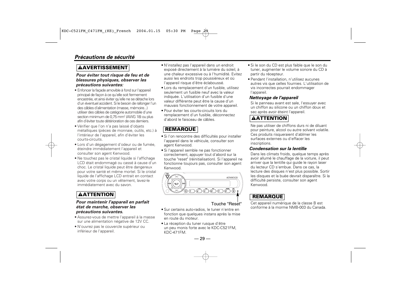 Avant l'utilisation, Precautions de securite | Kenwood C471FM User Manual | Page 29 / 76