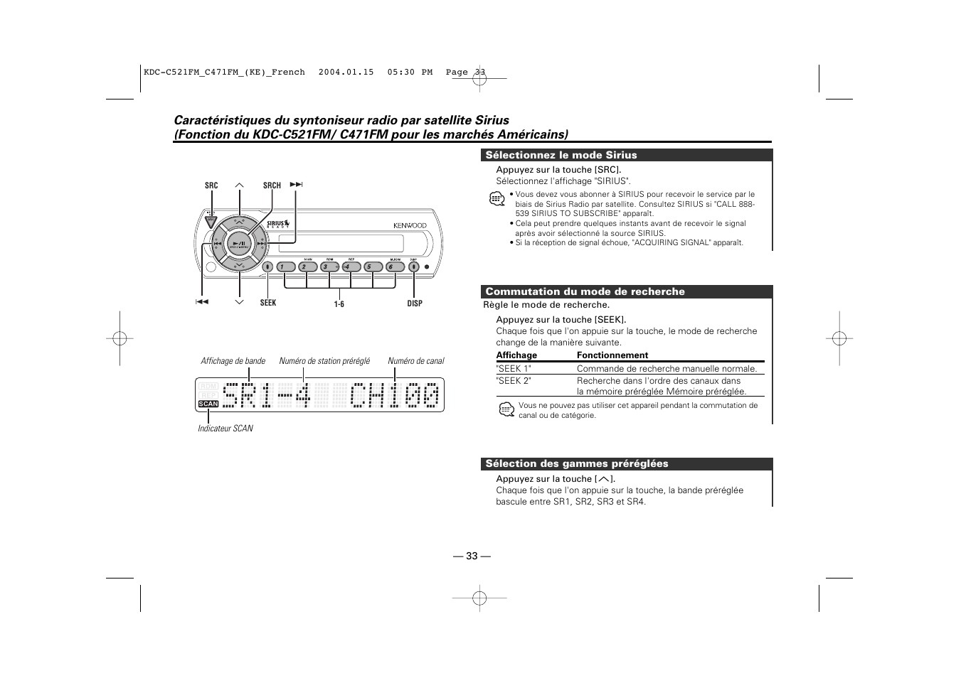 Selectionnez le mode sirius, Commutation du mode de recherche, Selection des gammes prereglees | Kenwood C471FM User Manual | Page 33 / 76