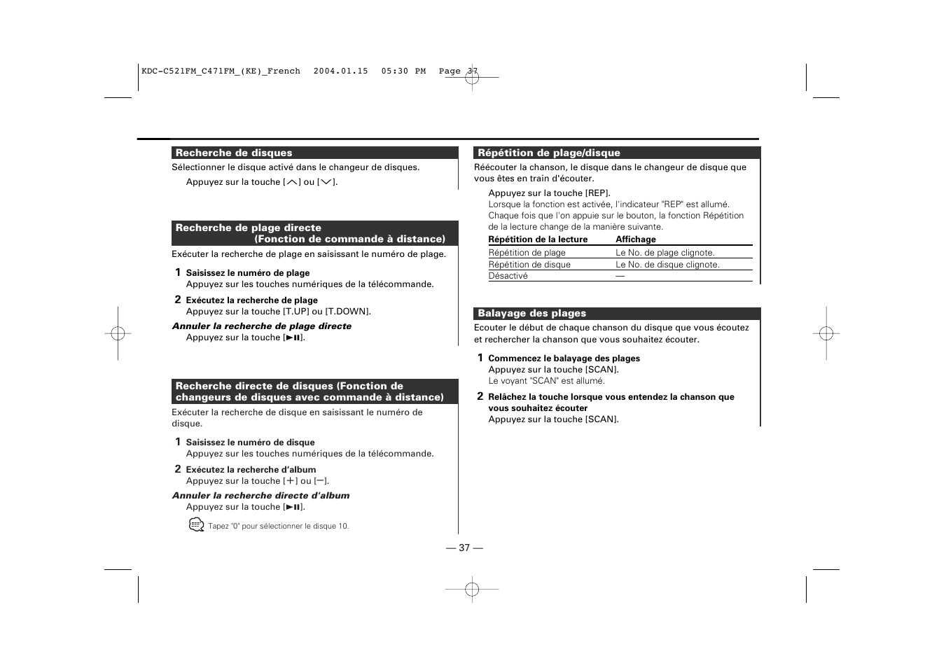 Recherche de disques, Recherche de plage directe, Recherche directe de disques | Repetition de plage/disque, Balayage des plages | Kenwood C471FM User Manual | Page 37 / 76