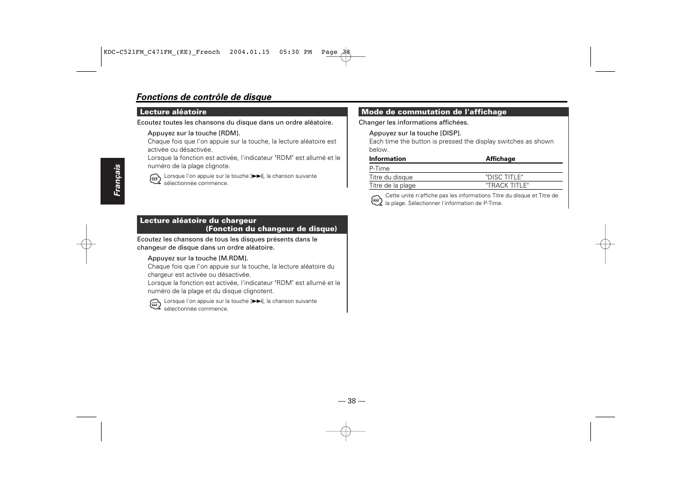 Lecture aleatoire, Lecture aleatoire du chargeur, Mode de commutation de l'affichage | Kenwood C471FM User Manual | Page 38 / 76