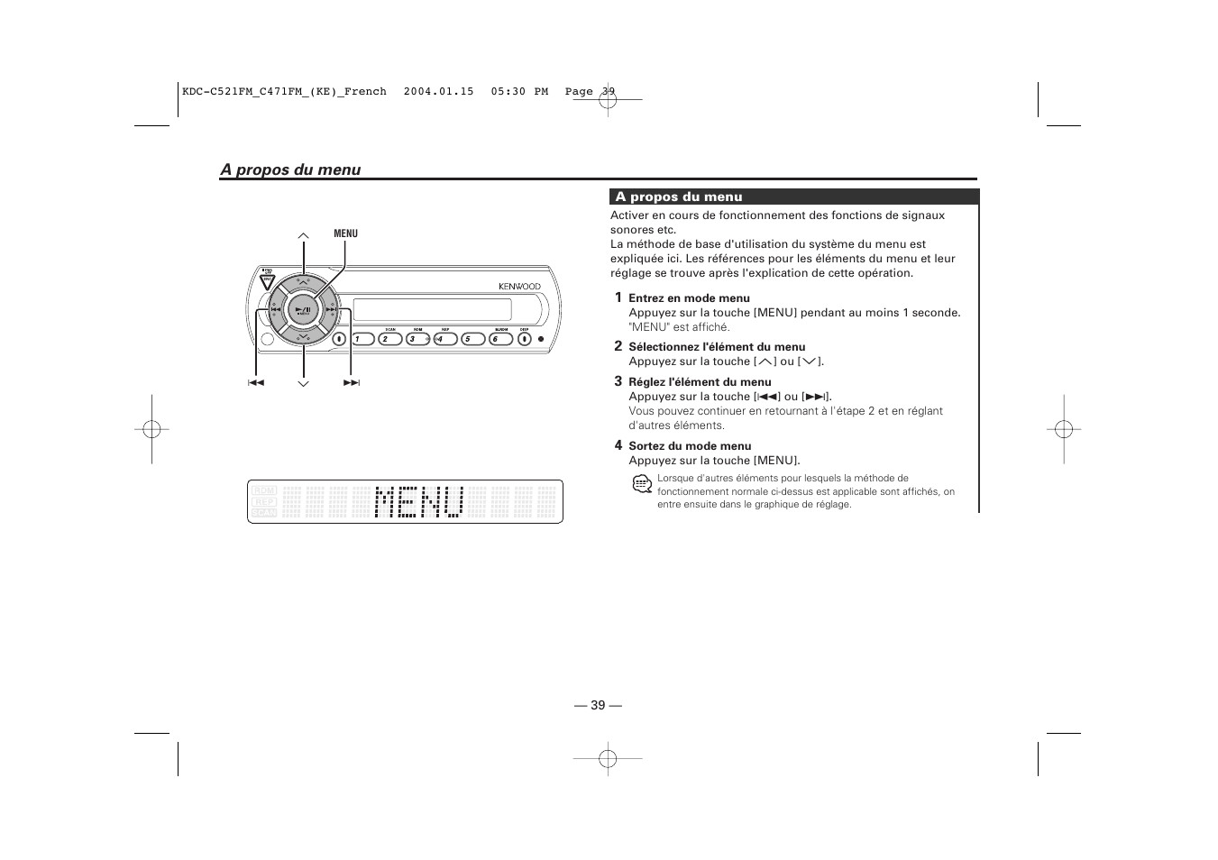 A propos du menu | Kenwood C471FM User Manual | Page 39 / 76