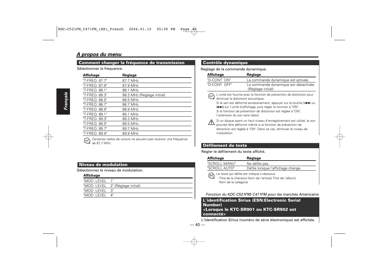 Comment changer la frequence de transmission, Niveau de modulation, Controle dynamique | Defilement du texte, L'identification sirius (esn) | Kenwood C471FM User Manual | Page 40 / 76