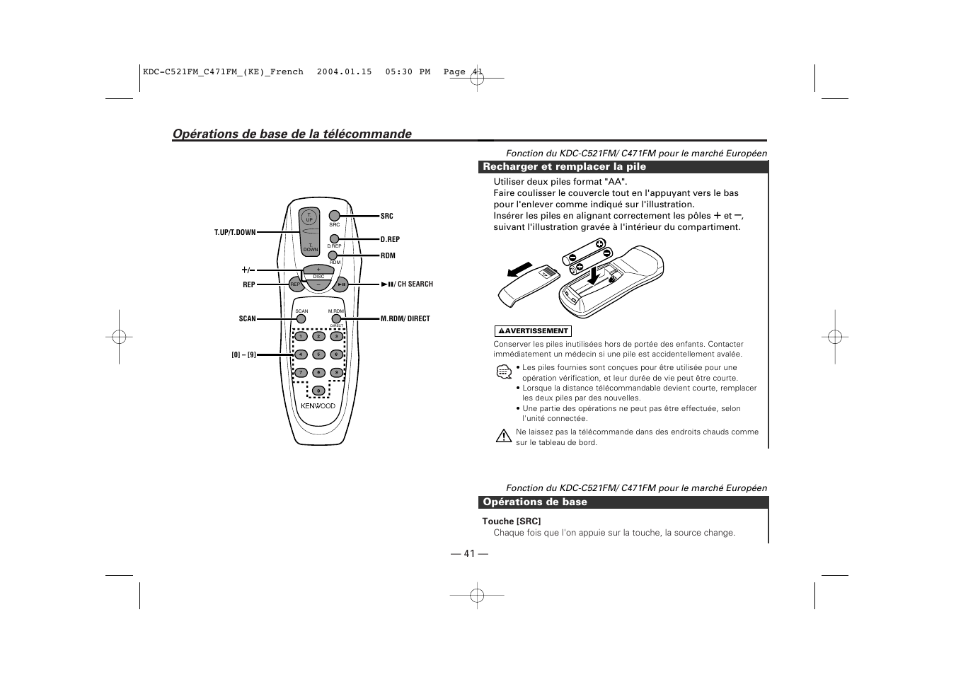 Operations de base de la telecommande, Opérations de base de la télécommande | Kenwood C471FM User Manual | Page 41 / 76