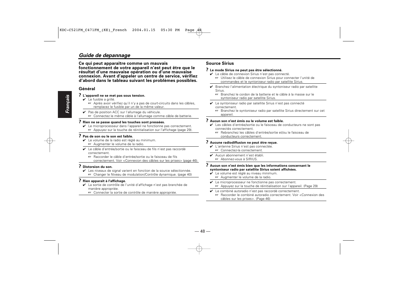 Guide de depannage | Kenwood C471FM User Manual | Page 48 / 76