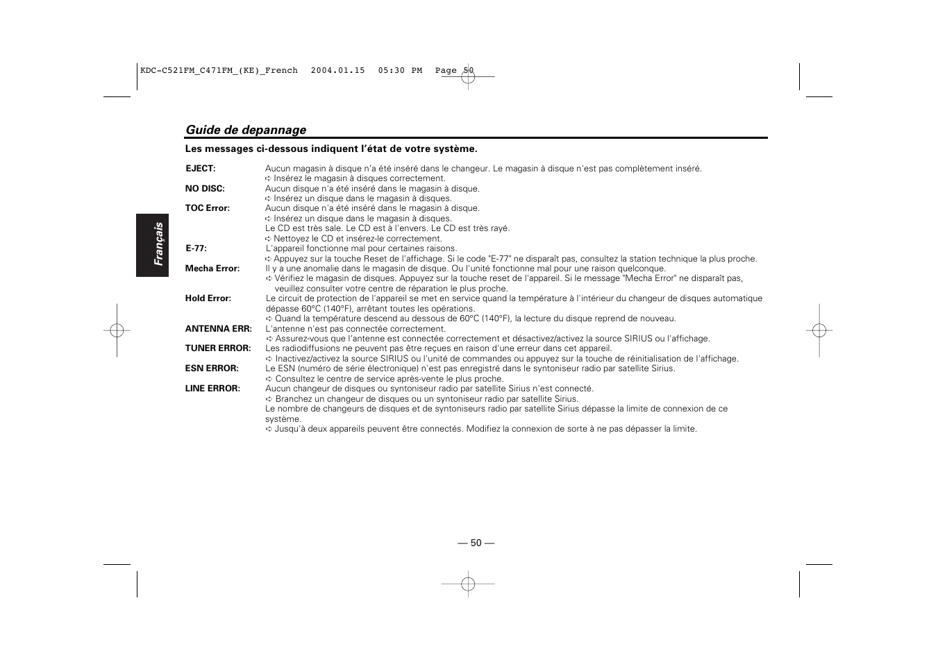 Guide de depannage | Kenwood C471FM User Manual | Page 50 / 76