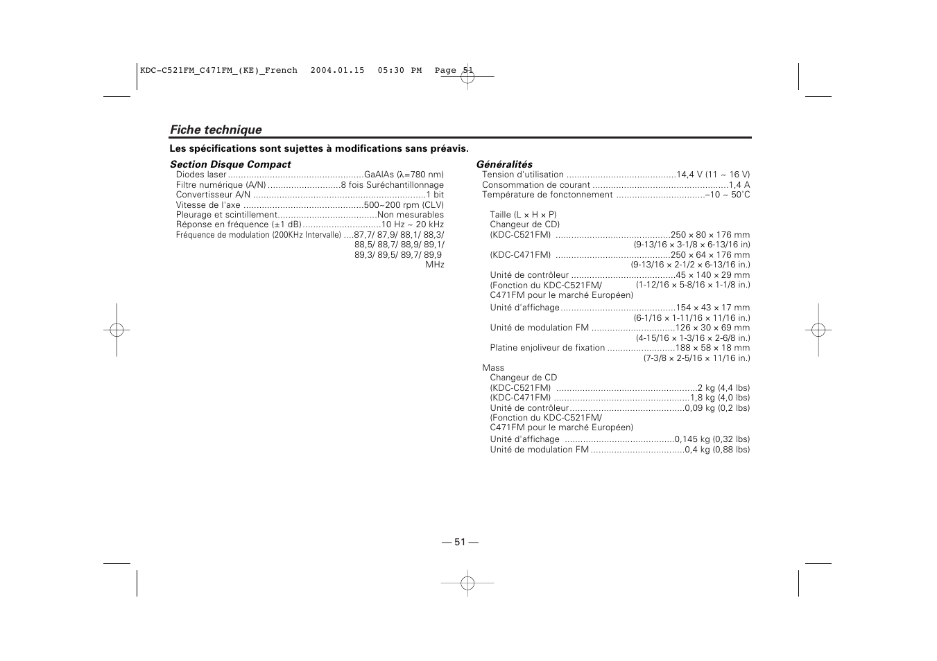 Fiche technique | Kenwood C471FM User Manual | Page 51 / 76