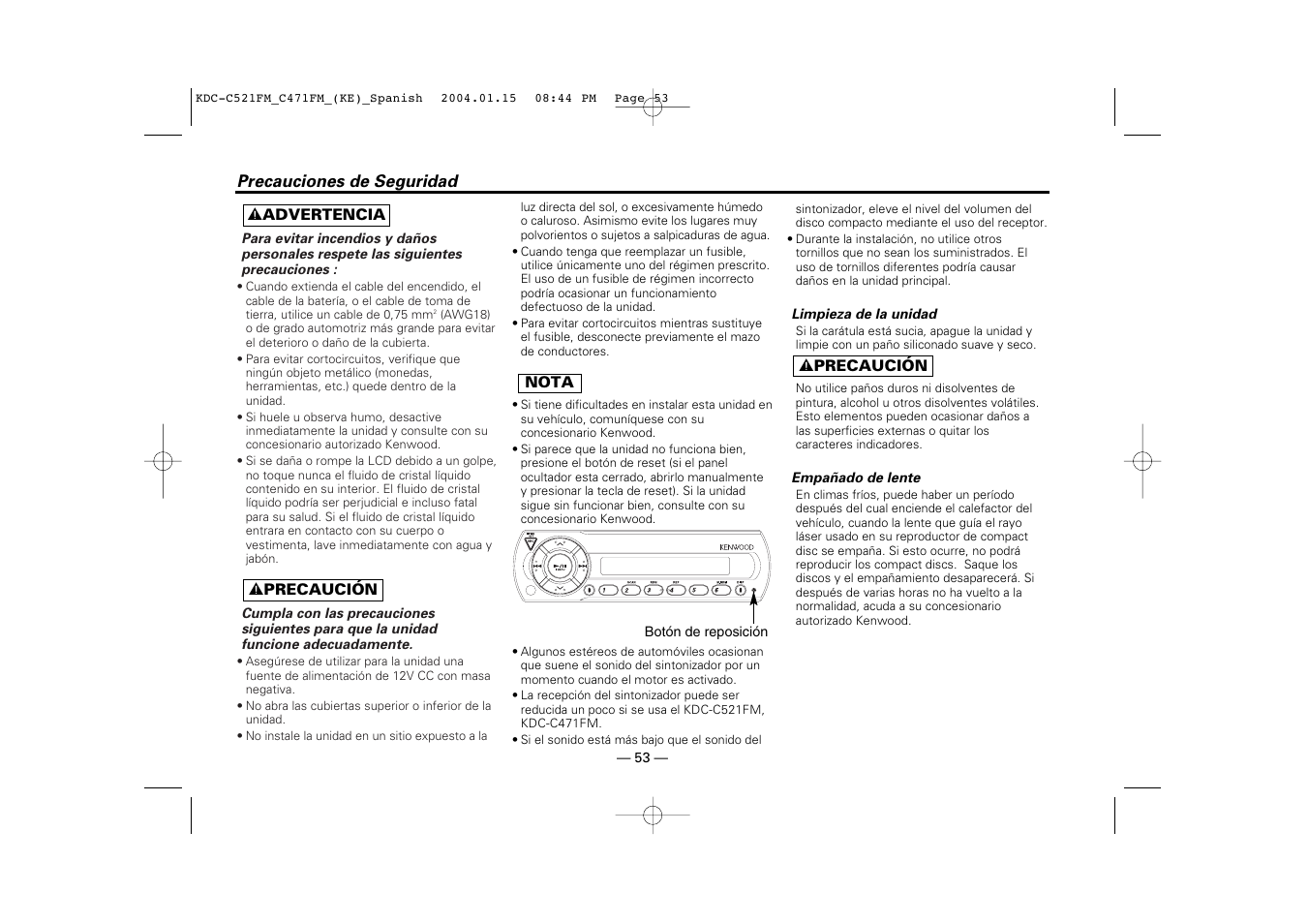 Antes de usar, Precauciones de seguridad | Kenwood C471FM User Manual | Page 53 / 76