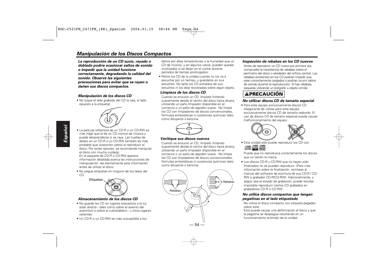 Manipulacion de los discos compactos, Manipulación de los discos compactos | Kenwood C471FM User Manual | Page 54 / 76