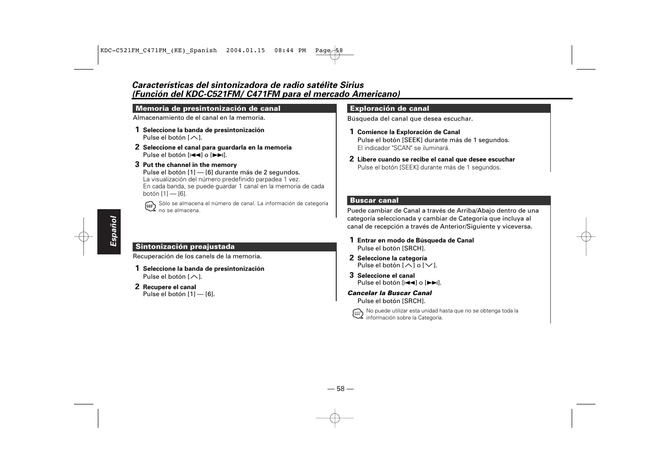 Memoria de presintonizacion de canal, Sintonizacion preajustada, Exploracion de canal | Buscar canal | Kenwood C471FM User Manual | Page 58 / 76