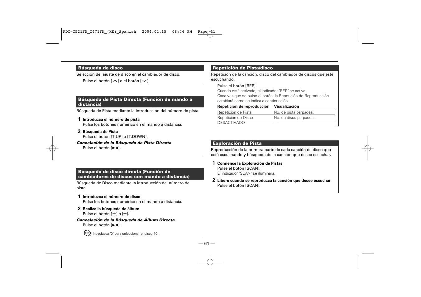 Busqueda de disco, Busqueda de pista directa, Busqueda de disco directa | Repeticion de pista/disco, Exploracion de pista | Kenwood C471FM User Manual | Page 61 / 76