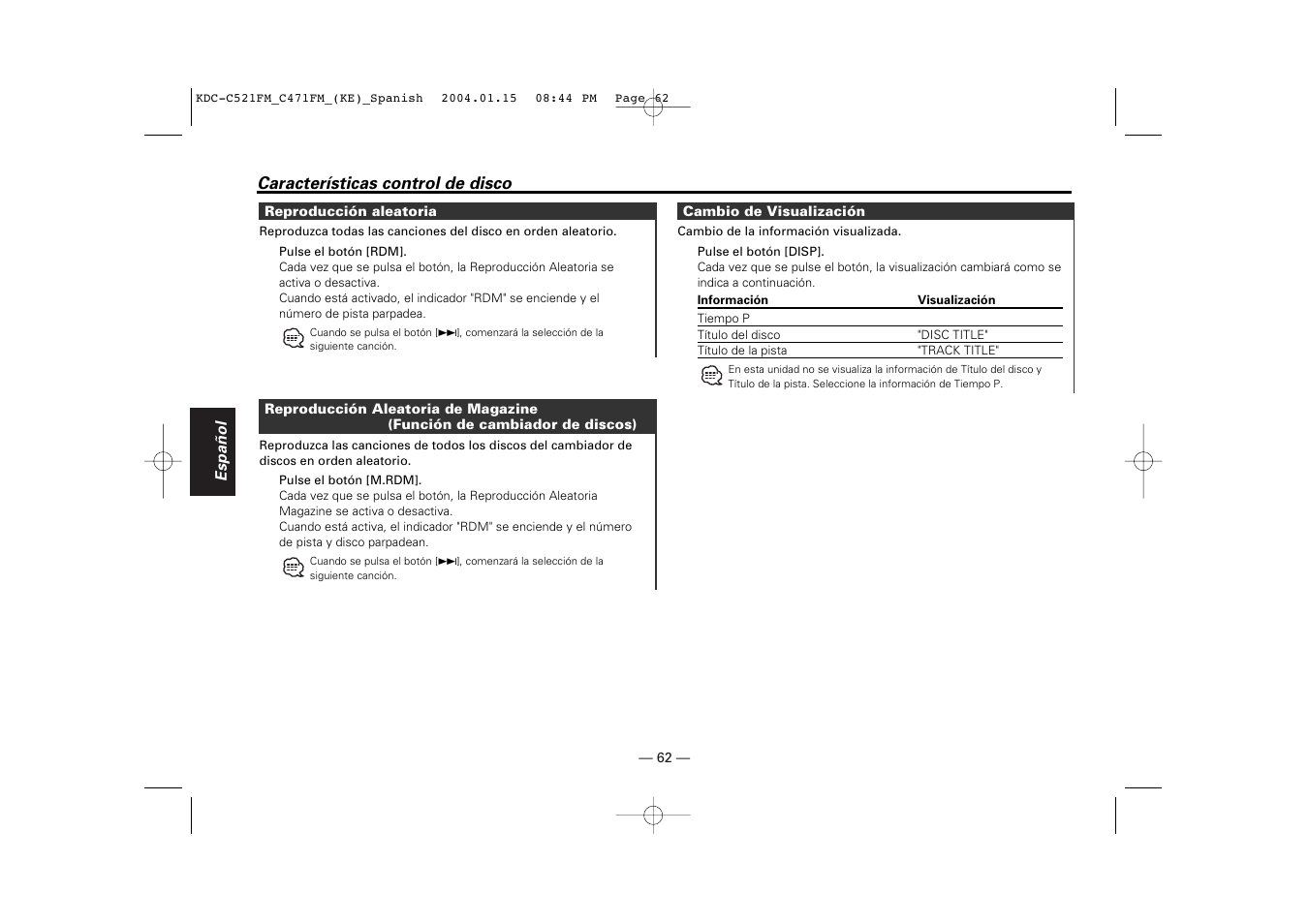 Reproduccion aleatoria, Reproduccion aleatoria de magazine, Cambio de visualizacion | Kenwood C471FM User Manual | Page 62 / 76