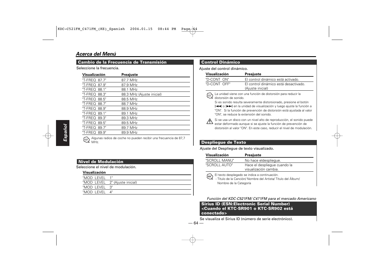 Cambio de la frecuencia de transmision, Nivel de modulacion, Control dinamico | Despliegue de texto, Sirius id (esn) | Kenwood C471FM User Manual | Page 64 / 76