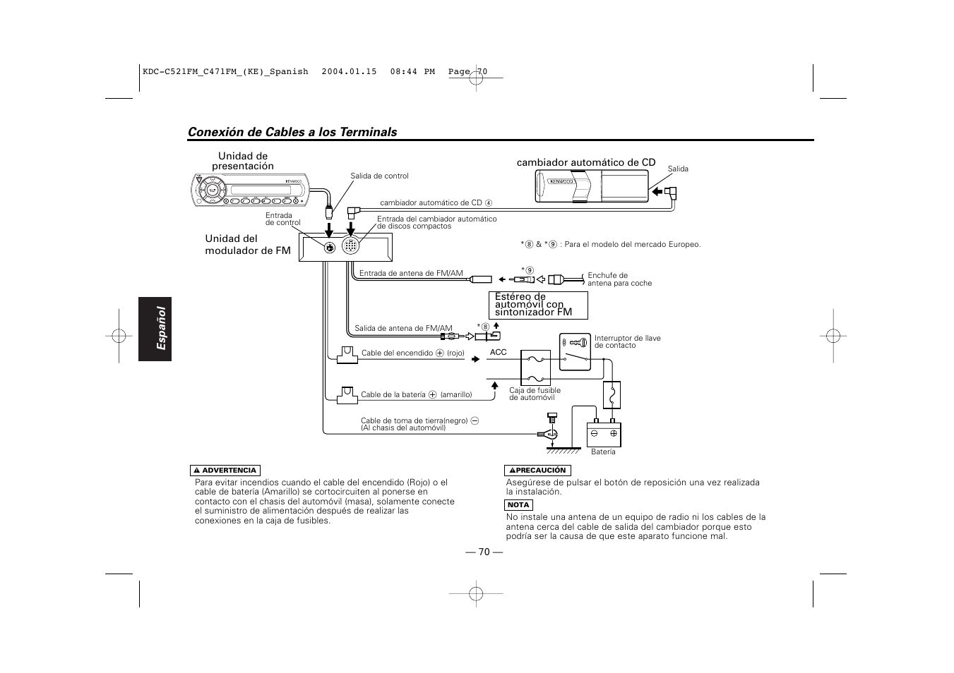 Conexion de cables a los terminals, Conexión de cables a los terminals | Kenwood C471FM User Manual | Page 70 / 76