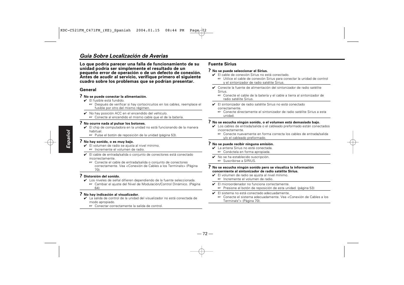 Guia sobre localizacion de averias, Guia sobre localización de averias | Kenwood C471FM User Manual | Page 72 / 76