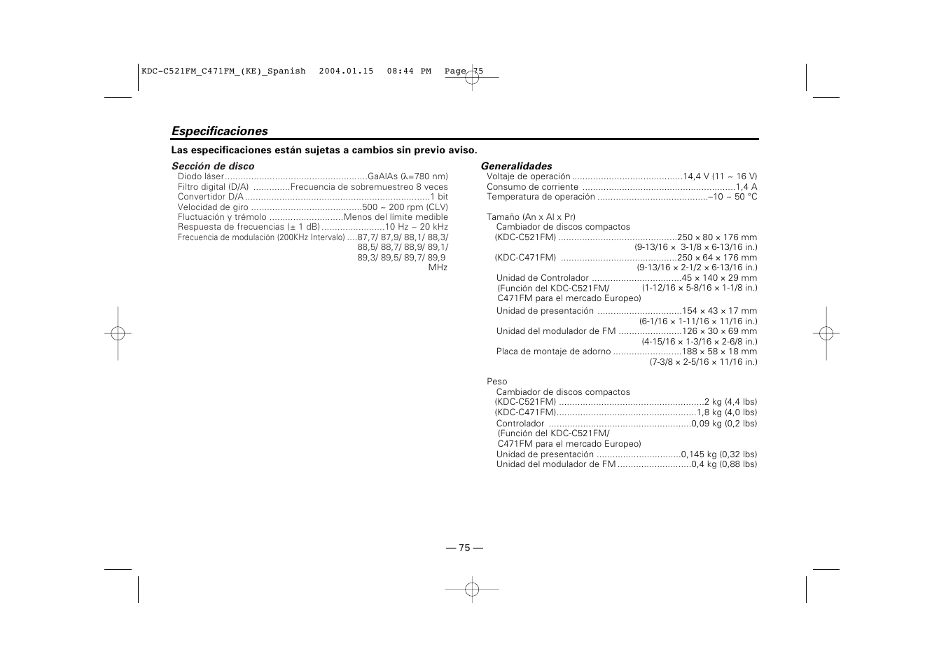 Especificaciones | Kenwood C471FM User Manual | Page 75 / 76