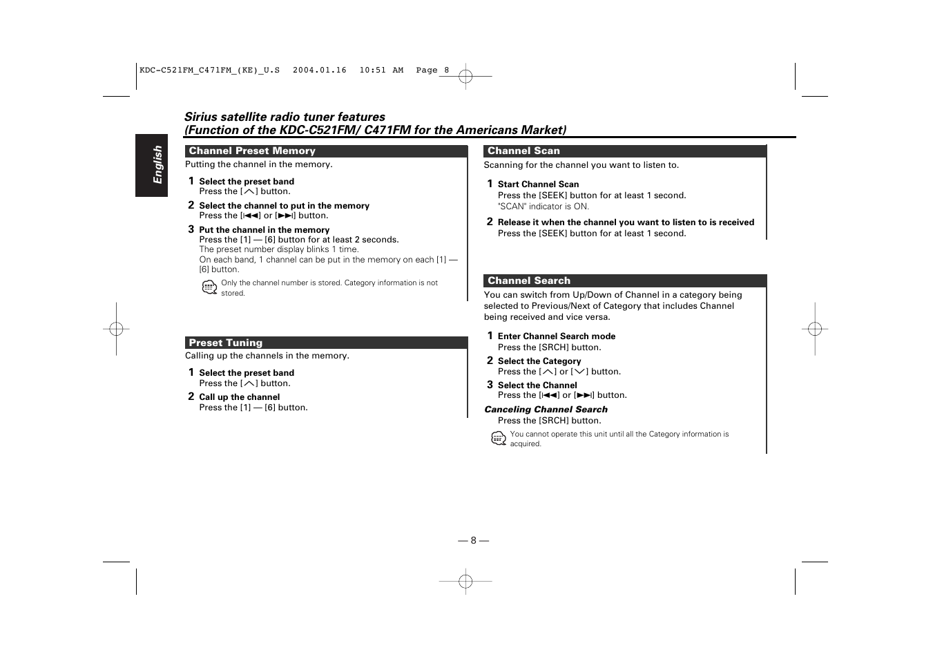 Channel preset memory, Preset tuning, Channel scan | Channel search | Kenwood C471FM User Manual | Page 8 / 76