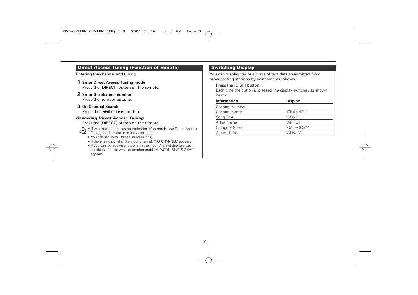 Direct access tuning (function of remote), Switching display | Kenwood C471FM User Manual | Page 9 / 76