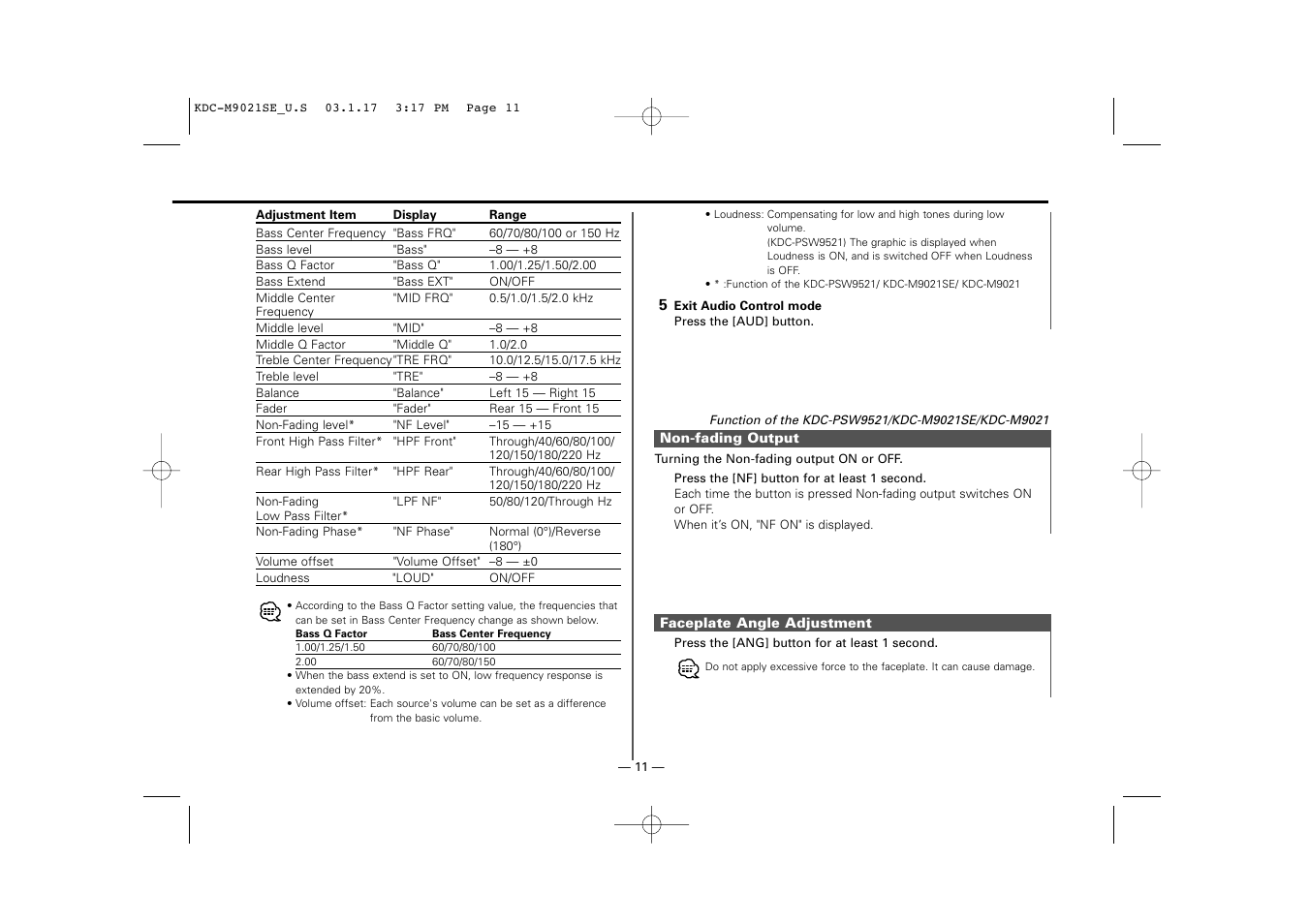 Non-fading output, Faceplate angle adjustment | Kenwood KDC-M9021   EN User Manual | Page 11 / 52