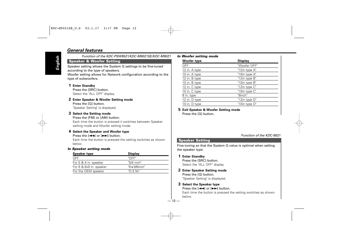 Speaker & woofer setting, Speaker setting | Kenwood KDC-M9021   EN User Manual | Page 12 / 52