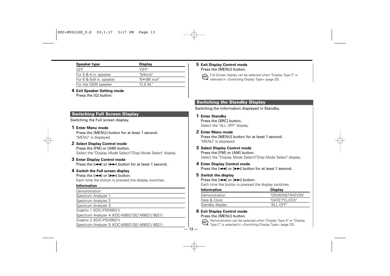 Switching full screen display, Switching the standby display | Kenwood KDC-M9021   EN User Manual | Page 13 / 52