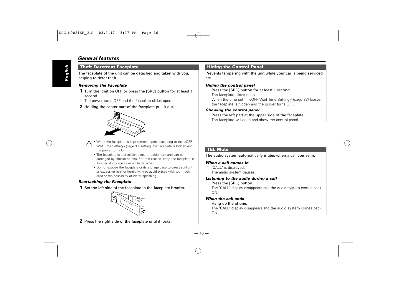 Theft deterrent faceplate, Hiding the control panel, Tel mute | Kenwood KDC-M9021   EN User Manual | Page 16 / 52