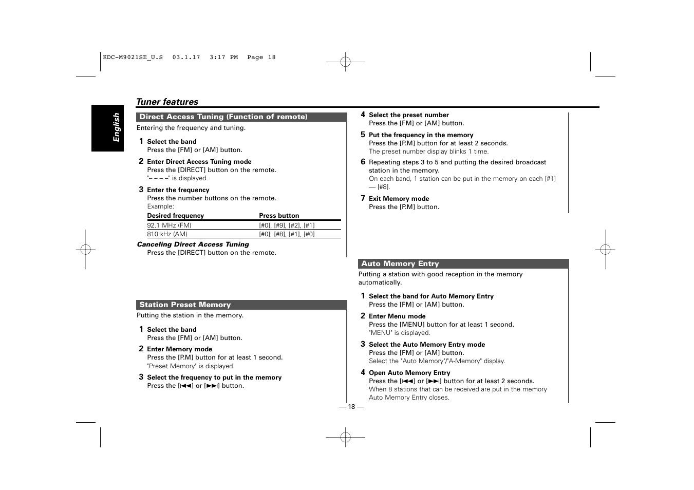 Direct access tuning (function of remote), Station preset memory, Auto memory entry | Kenwood KDC-M9021   EN User Manual | Page 18 / 52