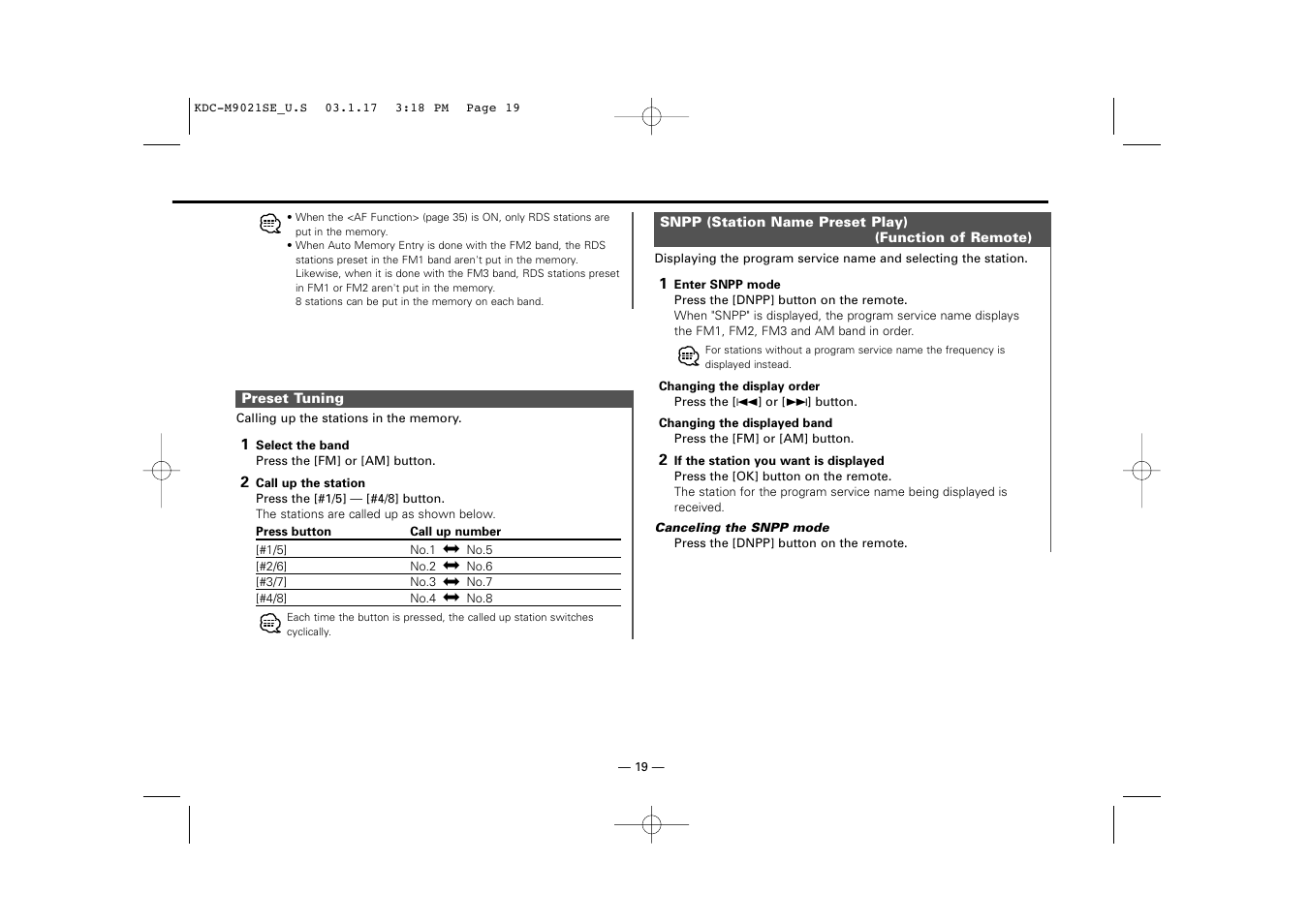 Preset tuning | Kenwood KDC-M9021   EN User Manual | Page 19 / 52