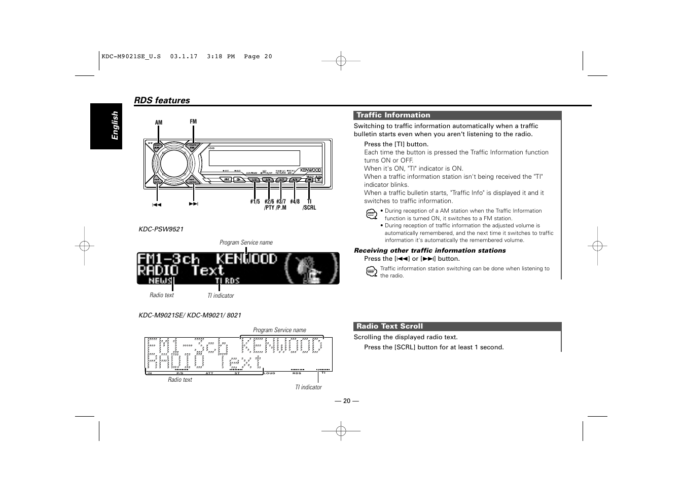 Rds features, Traffic information, Radio text scroll | Kenwood KDC-M9021   EN User Manual | Page 20 / 52