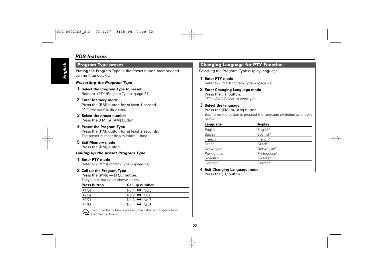 Program type preset, Changing language for pty function | Kenwood KDC-M9021   EN User Manual | Page 22 / 52