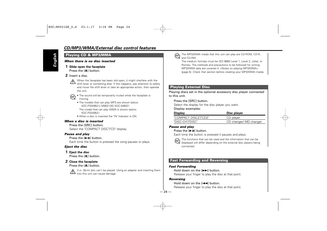 Playing cd & mp3/wma, Playing external disc, Fast forwarding and reversing | Kenwood KDC-M9021   EN User Manual | Page 24 / 52