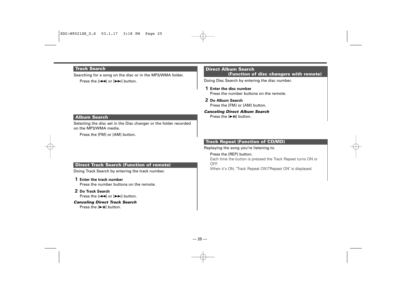 Track search, Album search, Direct track search (function of remote) | Track repeat (function of cd/md) | Kenwood KDC-M9021   EN User Manual | Page 25 / 52
