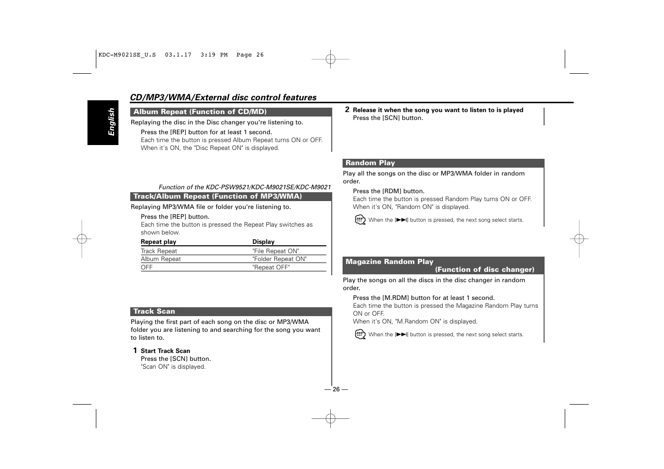 Album repeat (function of cd/md), Track/album repeat (function of mp3/wma), Track scan | Random play, Magazine random play (function of disc changer) | Kenwood KDC-M9021   EN User Manual | Page 26 / 52